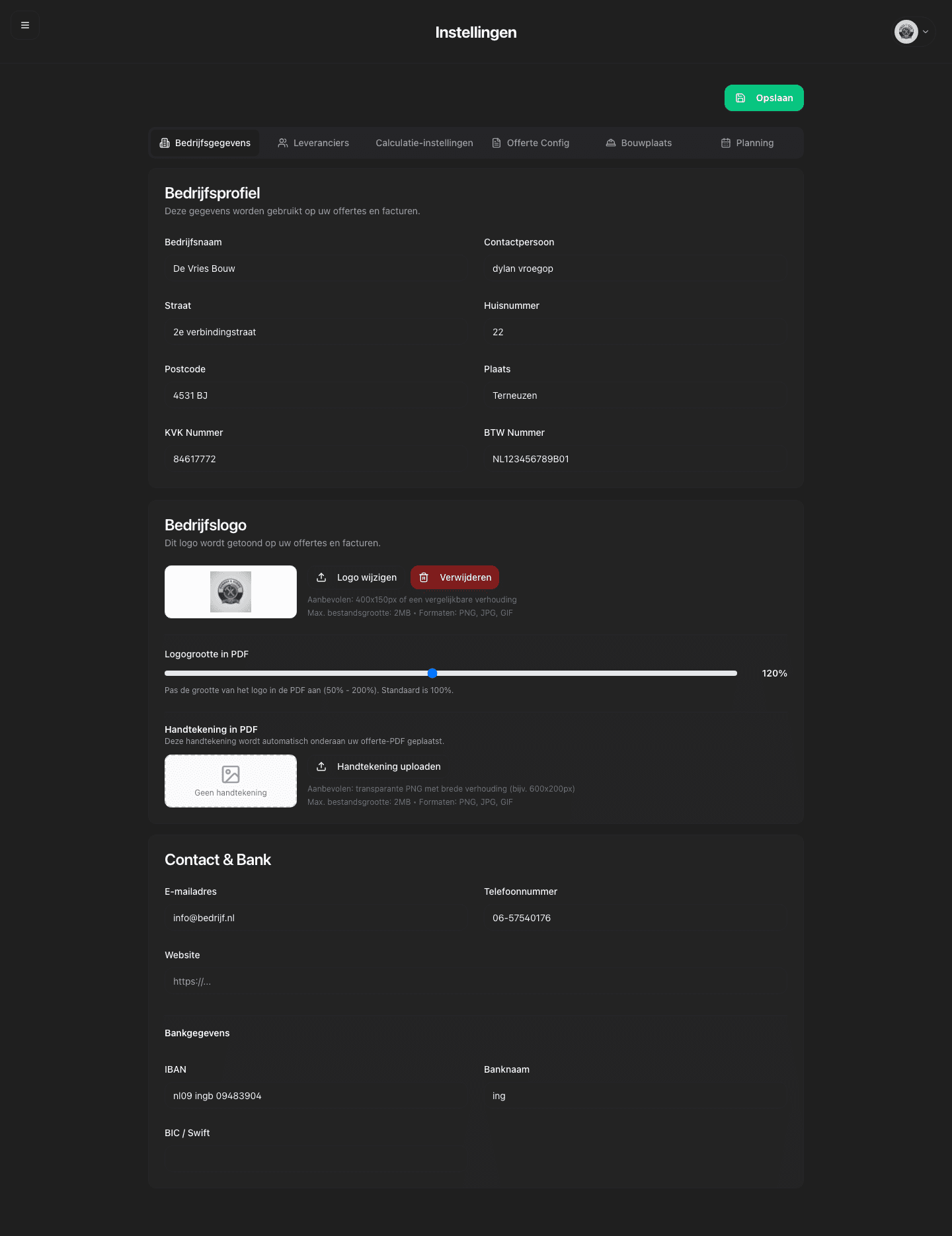 OfferteHulp Instellingen - Configureer je bedrijf en defaults